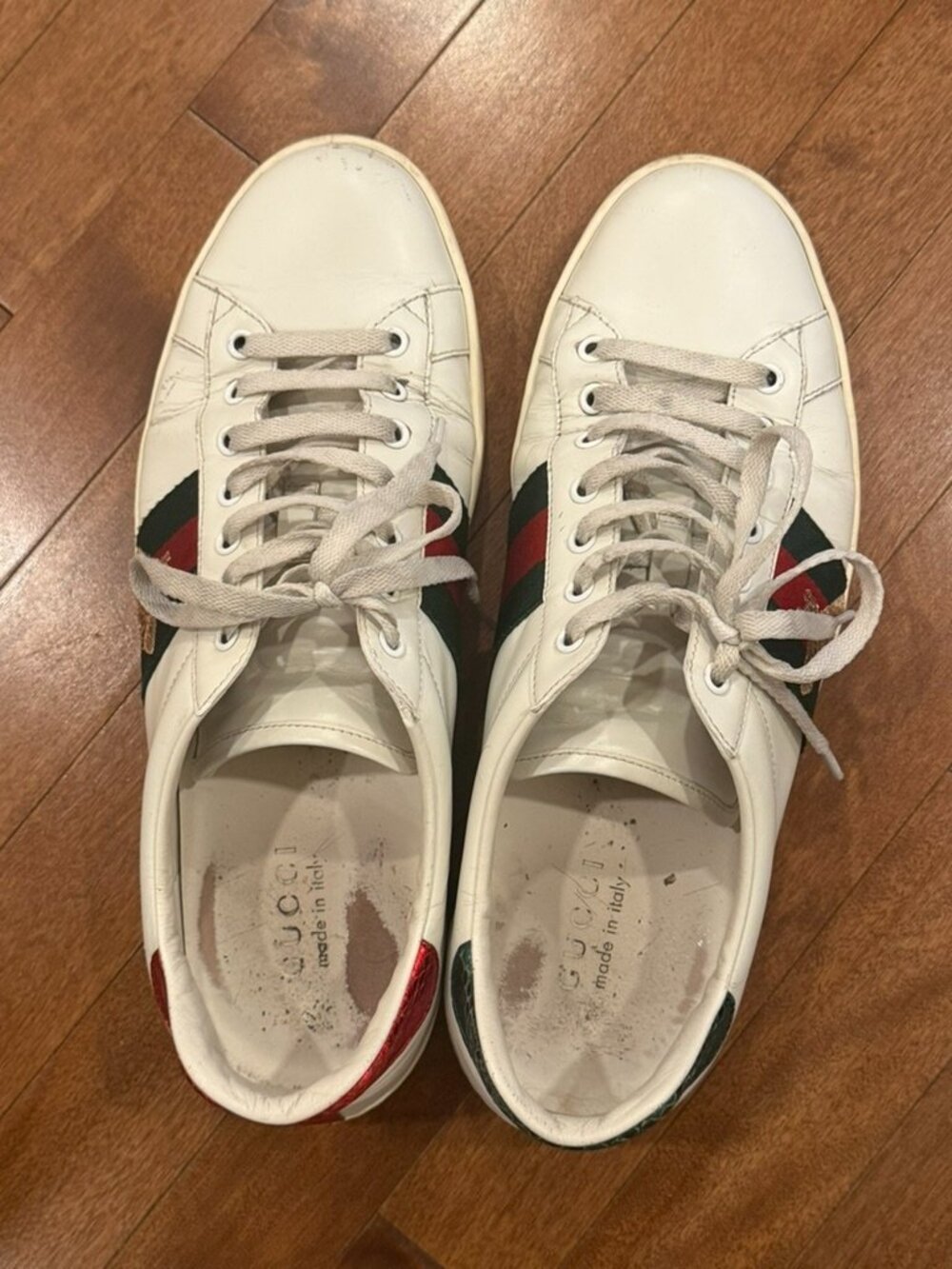 Gucci Men's White Leather Ace Sneakers Gold Bee - Size 11